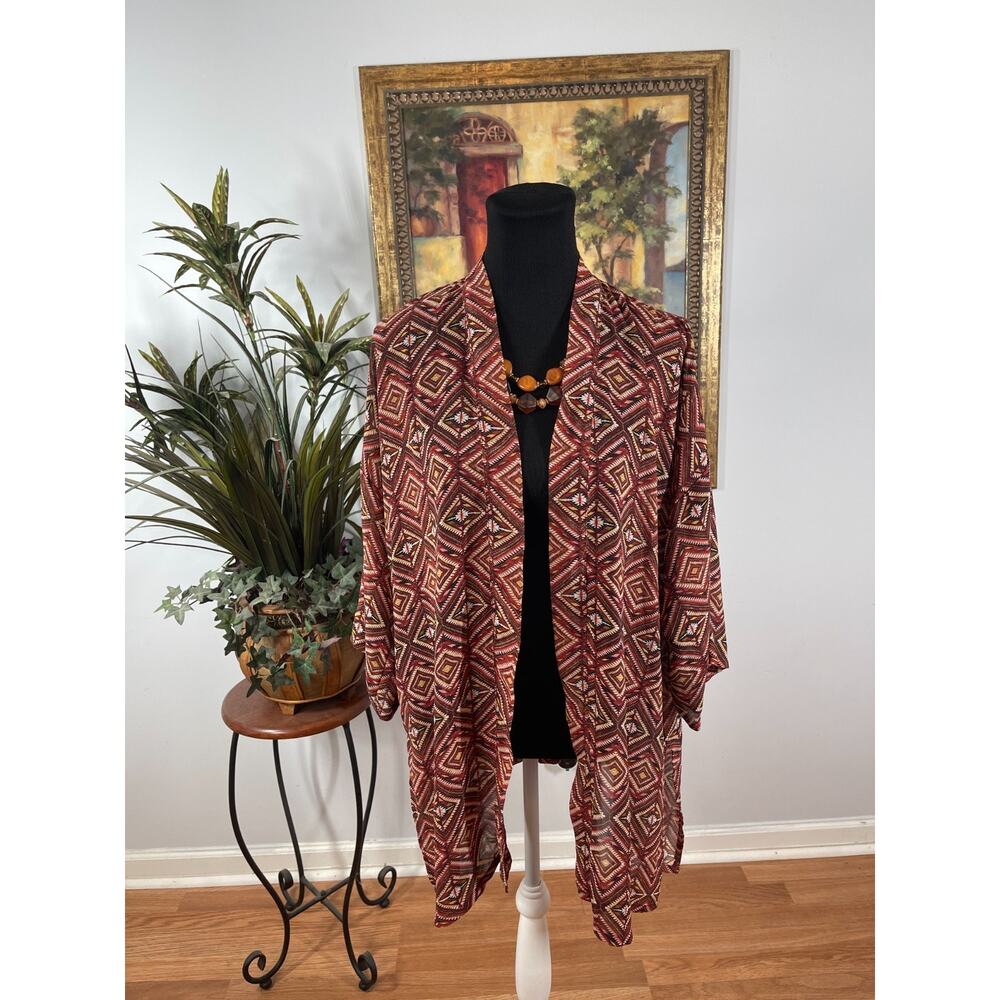 Forever 21 Kimono Top Women's Medium Orange Geo Print Open Front Earthcore Boho